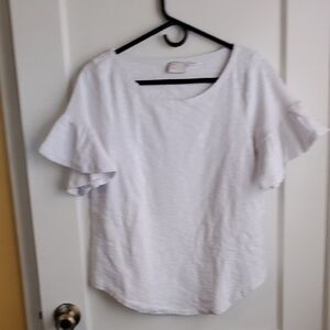 Women's White Ruffle-Sleeve Scoop Neck Blouse